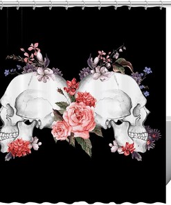 Rose Skull Flower Print Fabric Shower Curtain for Edgy Bathroom Decor