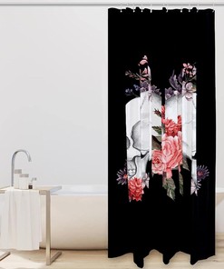 Rose Skull Flower Print Fabric Shower Curtain for Edgy Bathroom Decor