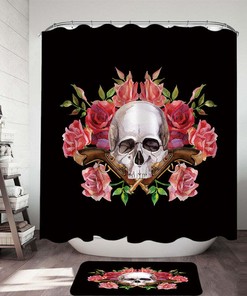 Rose Vintage Pistol Skull Fabric Shower Curtain - Vintage Goth Bathroom Decor