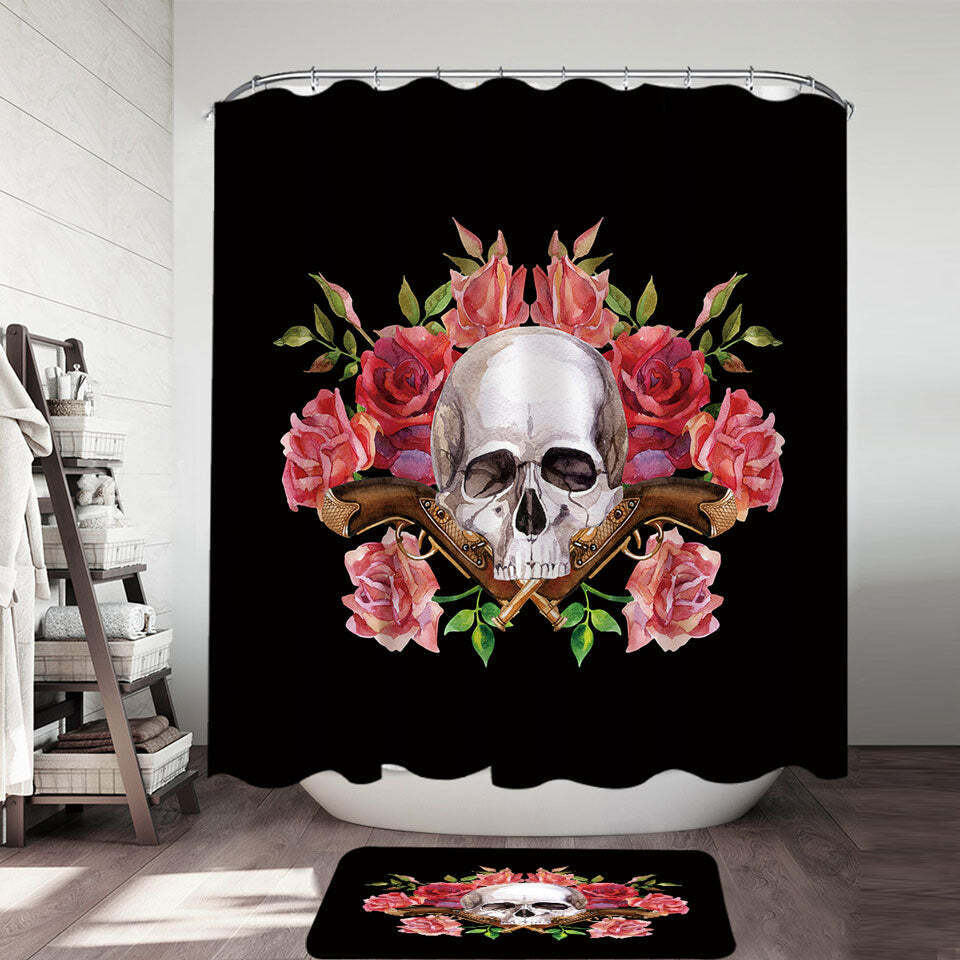 Rose Vintage Pistol Skull Fabric Shower Curtain - Vintage Goth Bathroom Decor