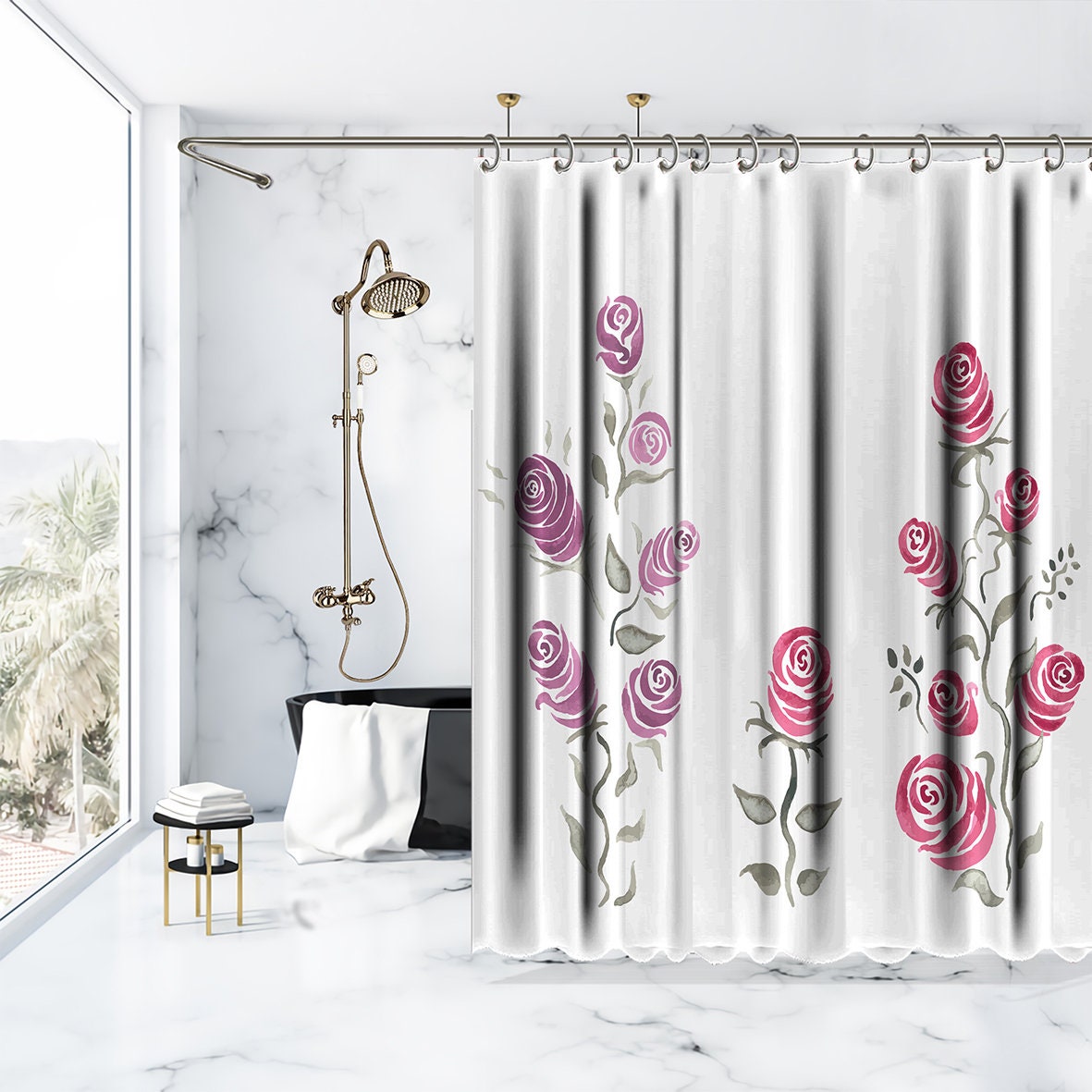 Roses Branches Summer Garden Floral Waterproof Shower Curtain For Your Bathroom