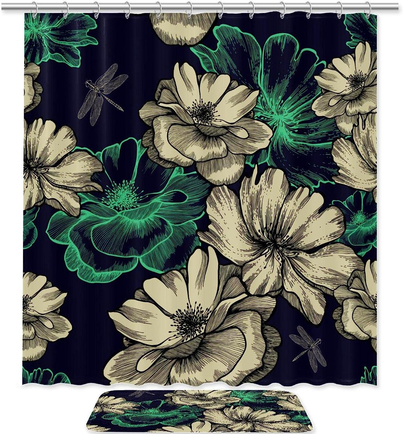 Roses Dragonflies Printed Bathroom Tub Set With Waterproof Fabric Shower Curtain
