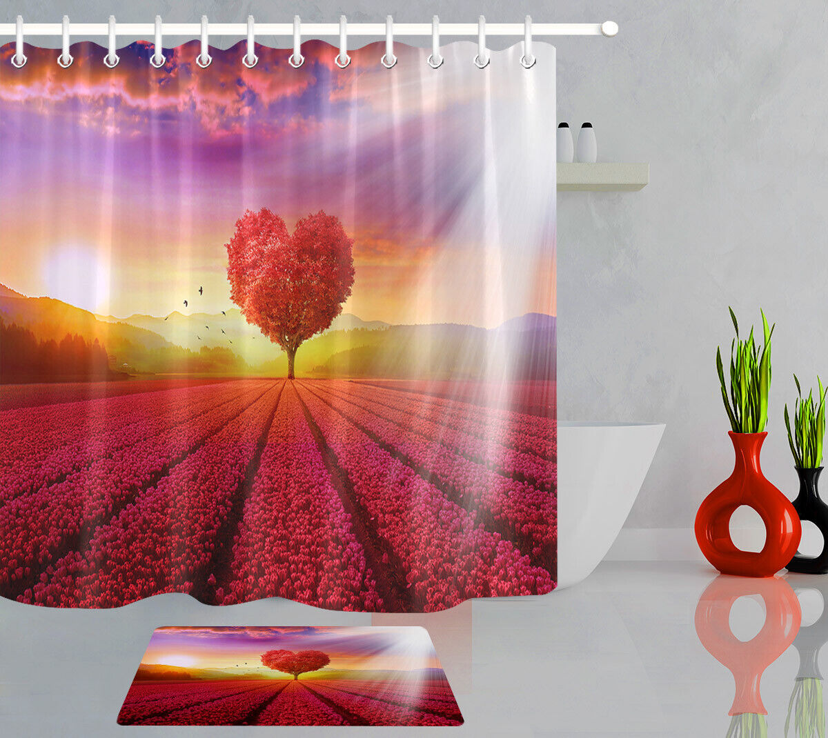 Roses Field Heart Tree Sunshine Vintage Shower Curtain for Valentine's Day