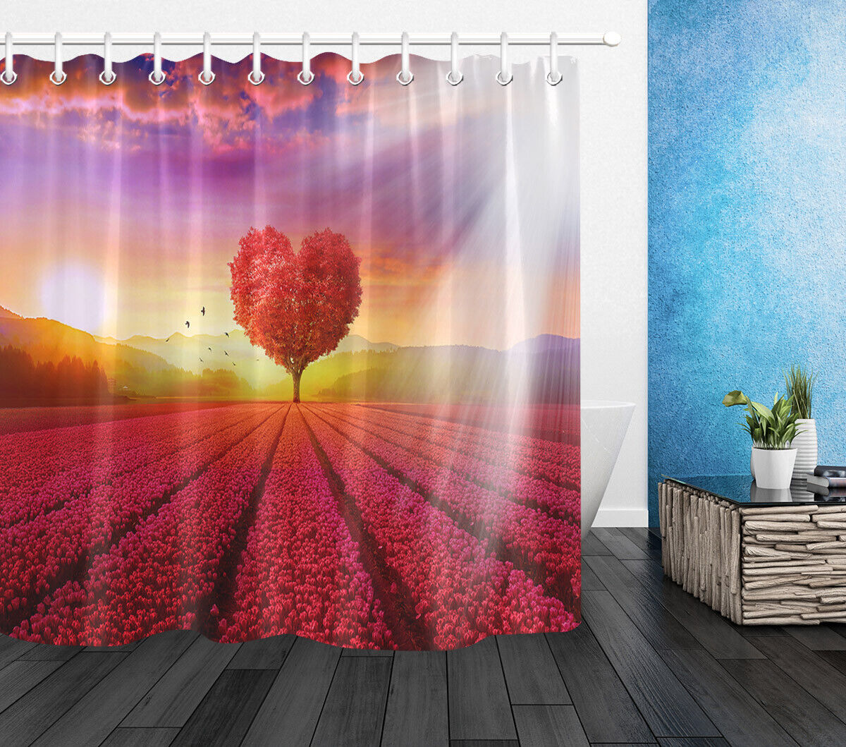 Roses Field Heart Tree Sunshine Vintage Shower Curtain for Valentine's Day