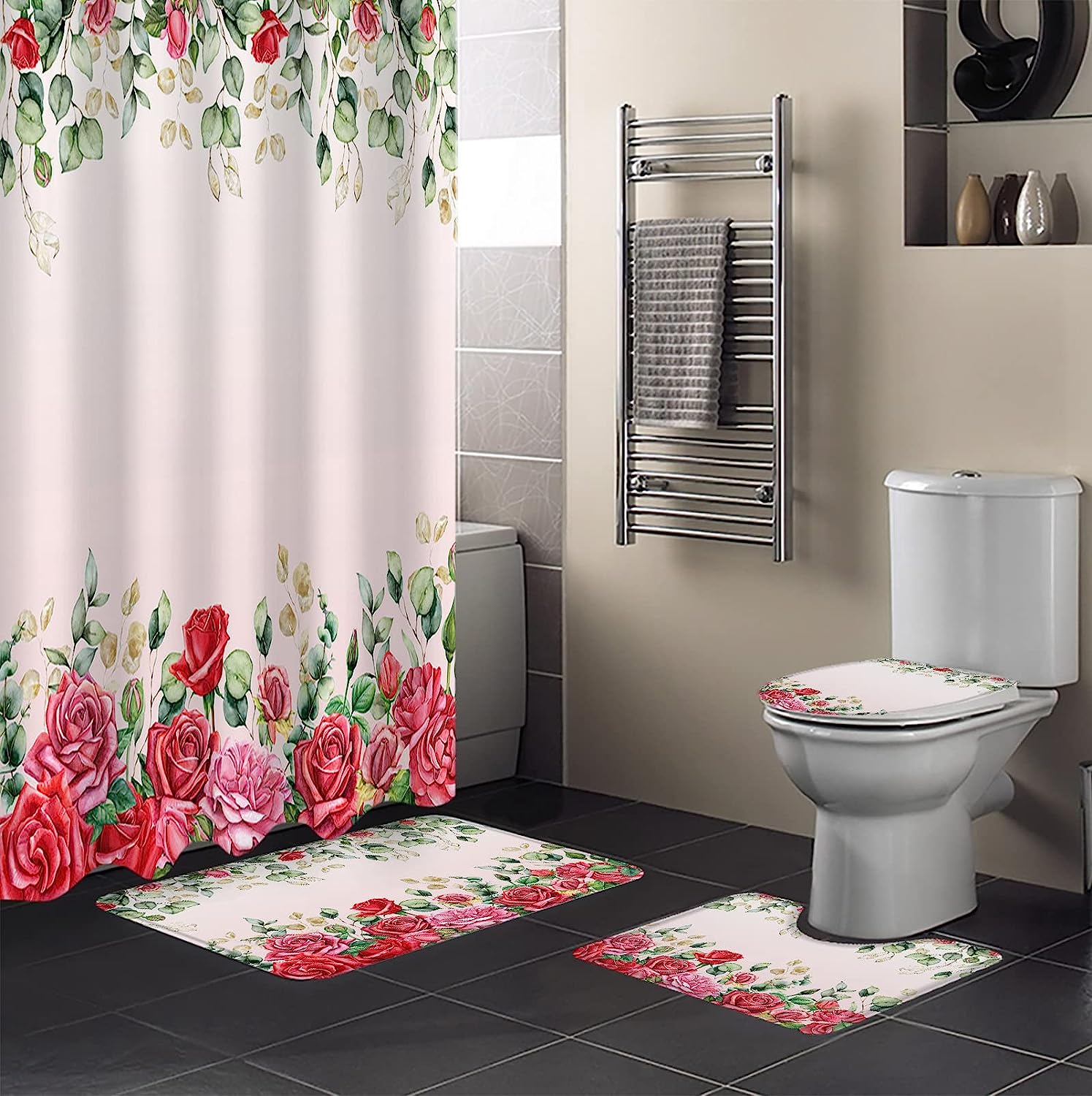 Roses Pink Ombre Eucalyptus Leaves Botanical Shower Curtain for Valentine's Day