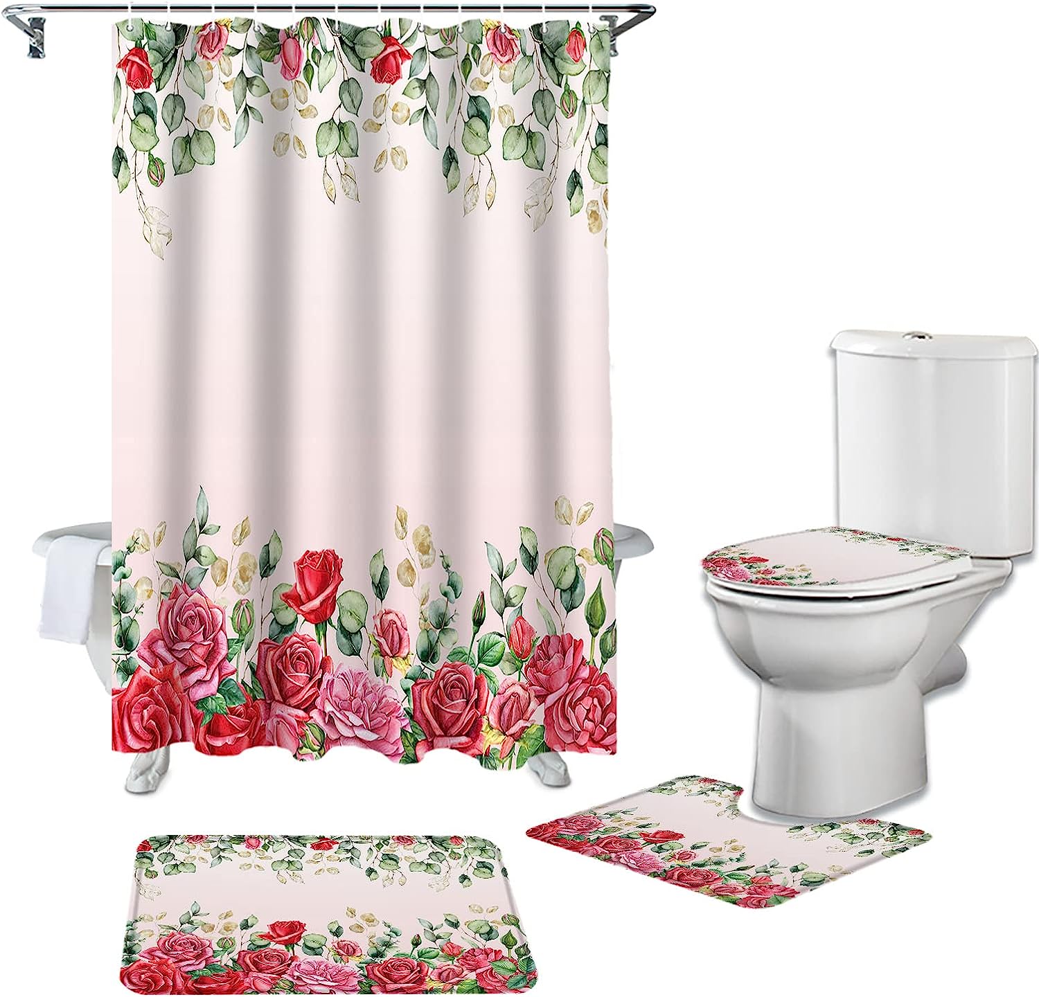 Roses Pink Ombre Eucalyptus Leaves Botanical Shower Curtain for Valentine's Day