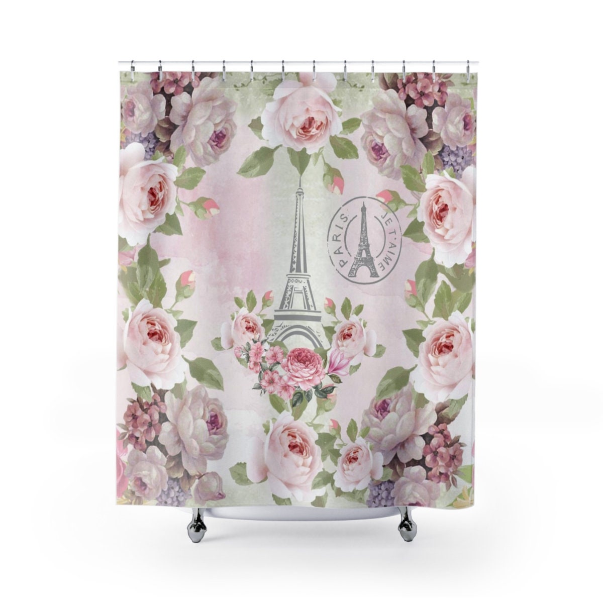 Roses and Flowers Pink Shower Curtain, Parisian Shabby Chic Bathroom Decor