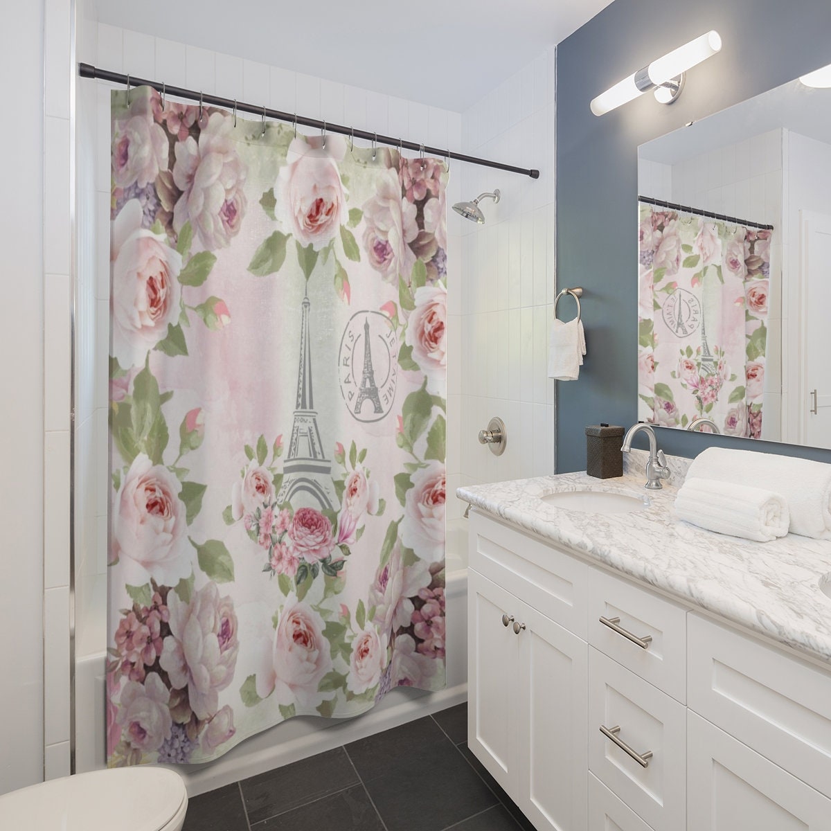 Roses and Flowers Pink Shower Curtain, Parisian Shabby Chic Bathroom Decor