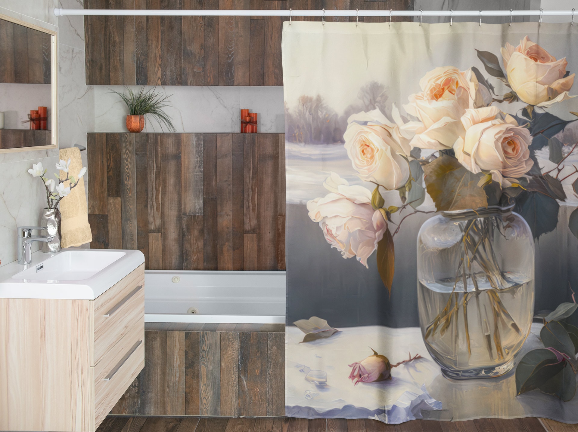 Roses in Winter Landscape Shower Curtain - Ethereal AI Oil Painting York's State Flower
