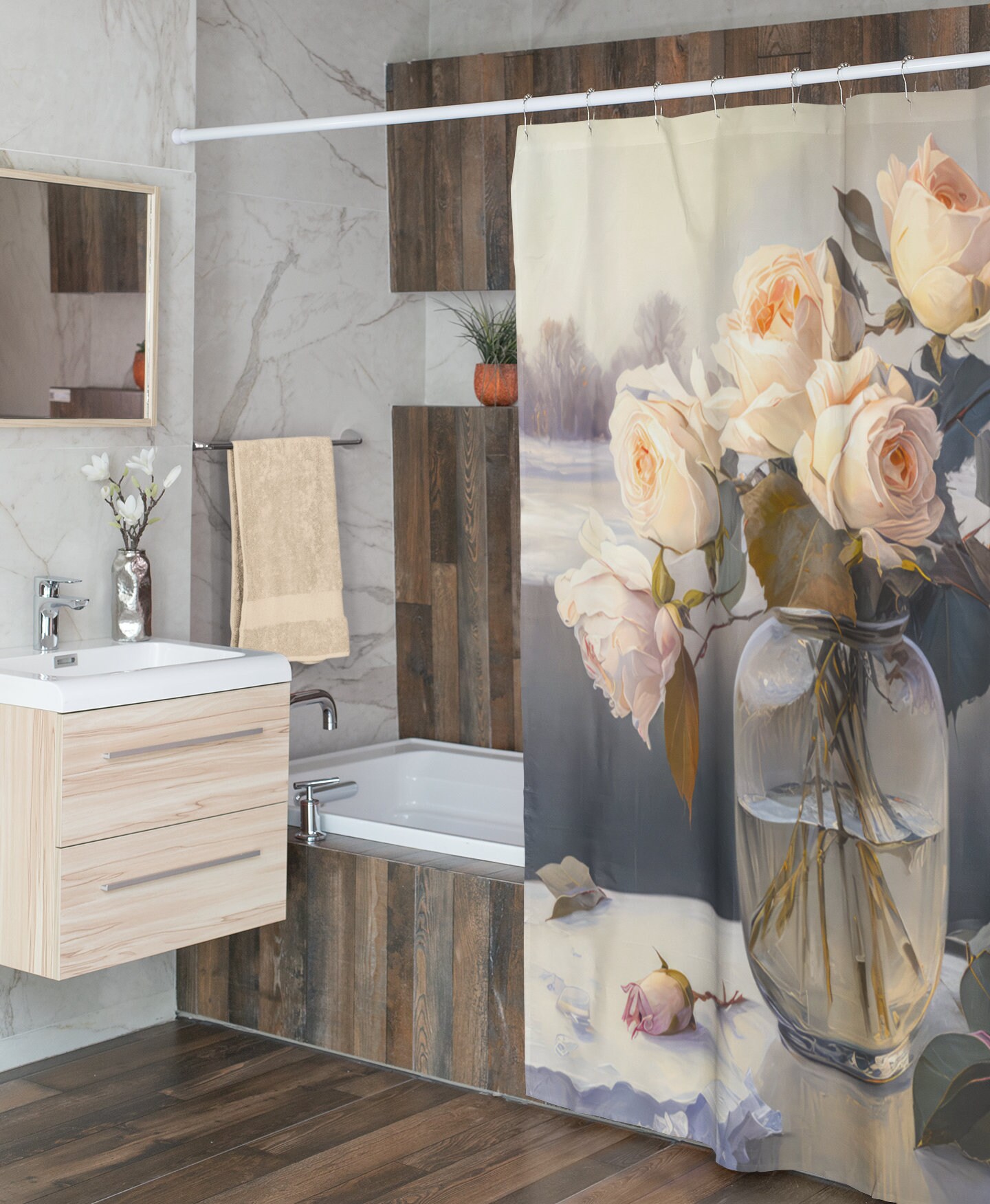Roses in Winter Landscape Shower Curtain - Ethereal AI Oil Painting York's State Flower