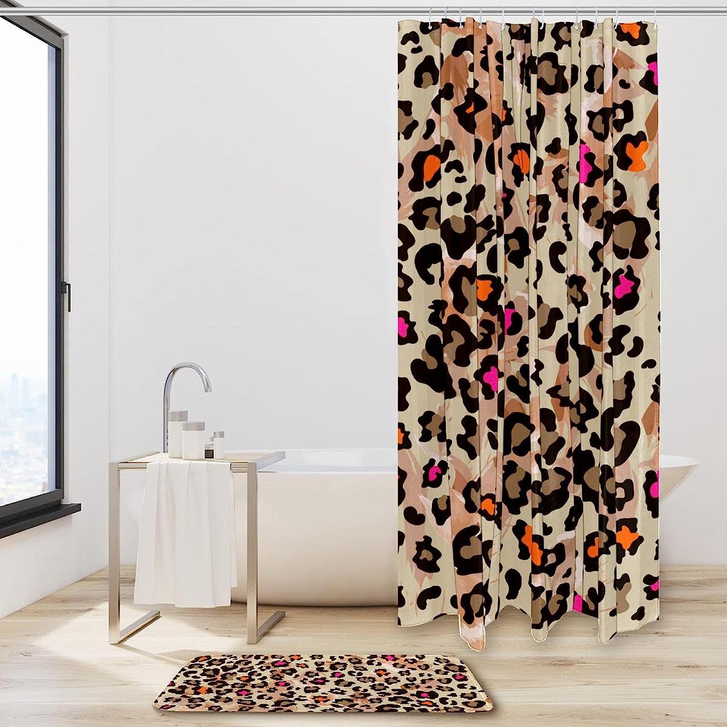 Rosy Leopard Print Pattern Fabric Shower Curtain in Orange