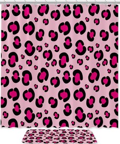 Rosy Leopard Print Shower Curtain With Girly Pink Mat, Bathroom Decor For Women