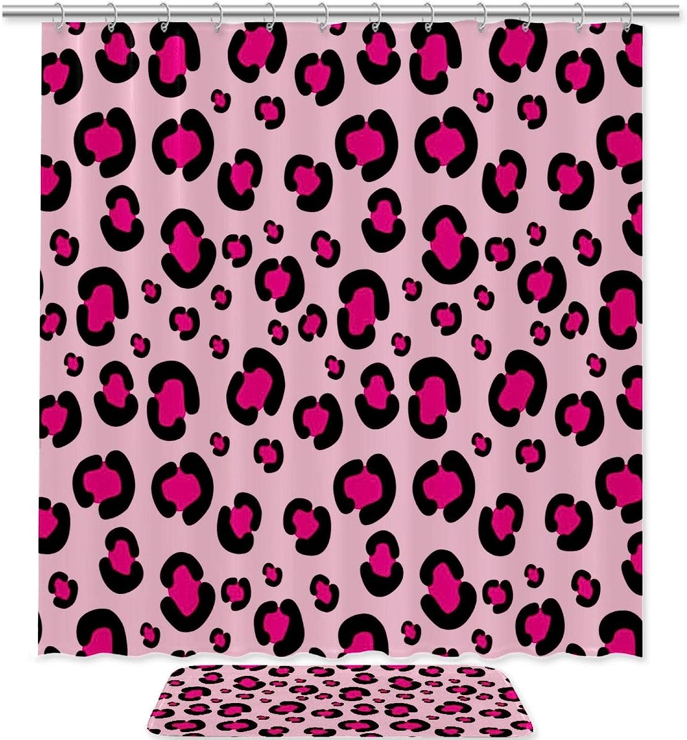 Rosy Leopard Print Shower Curtain With Girly Pink Mat, Bathroom Decor For Women