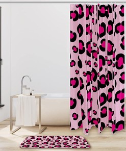 Rosy Leopard Print Shower Curtain With Girly Pink Mat, Bathroom Decor For Women