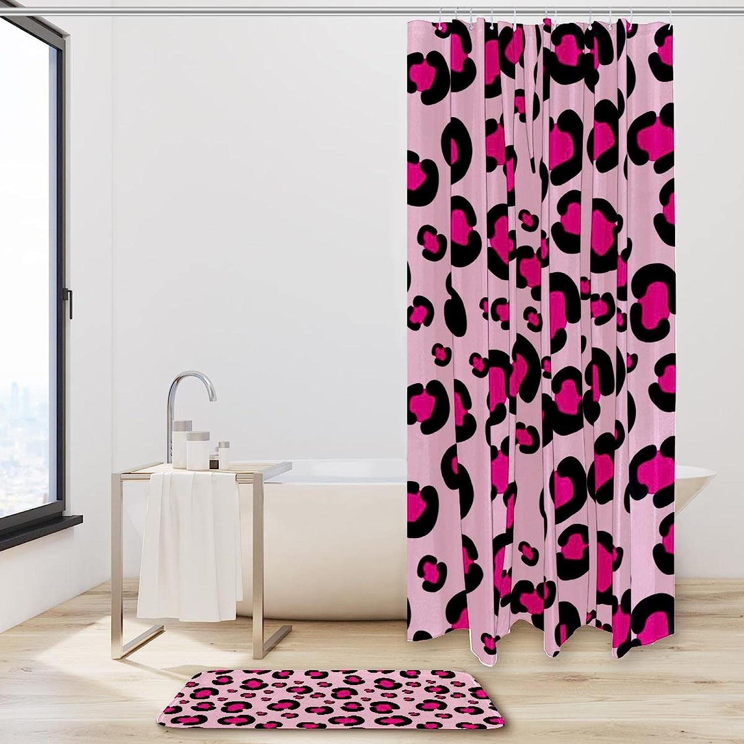 Rosy Leopard Print Shower Curtain With Girly Pink Mat, Bathroom Decor For Women