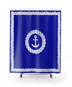 Royal Blue Anchor And Rope Lake House Shower Curtain For Beach And Lake Cabin Decor