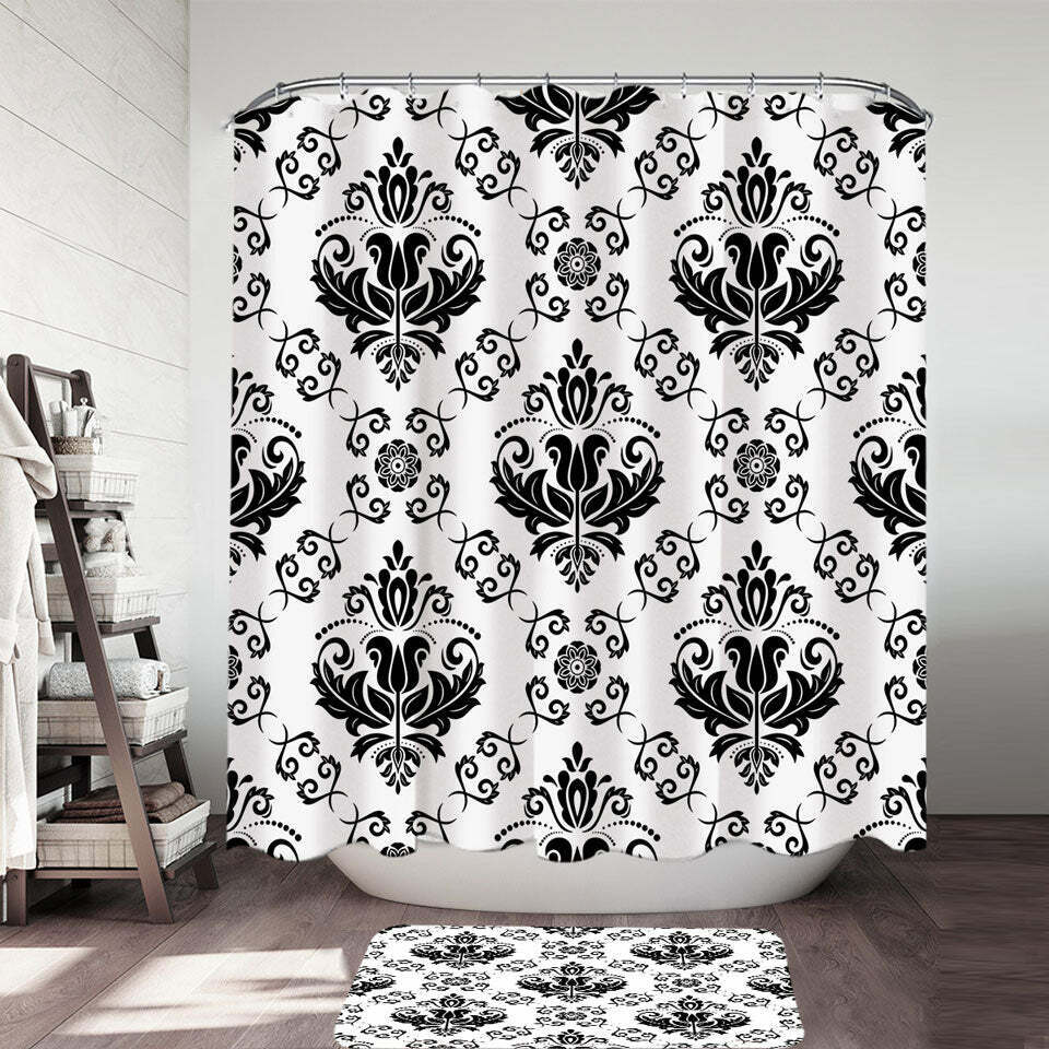 Royal Floral Shower Curtain In Classic Black And White, Elevate Your Bathroom With This Elegant Design