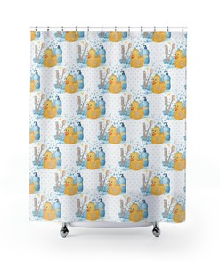 Rubber Duck Bath Shower Curtain, Cute Yellow Duck Bathroom Accessory in Waterproof Fabric