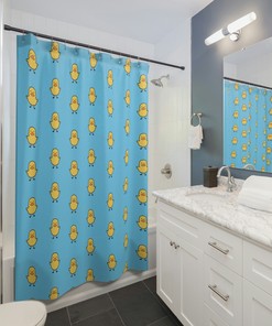 Rubber Duck Blue Shower Curtain, Fun Aesthetic Bath Accessory with Cute Toy Design and Waterproof Fabric