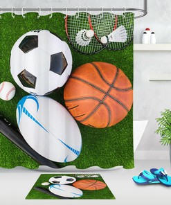 Rugby Hat Basketball Shower Curtain- Sports Theme Red Flame Fashion Waterproof Bath Curtains For Boys