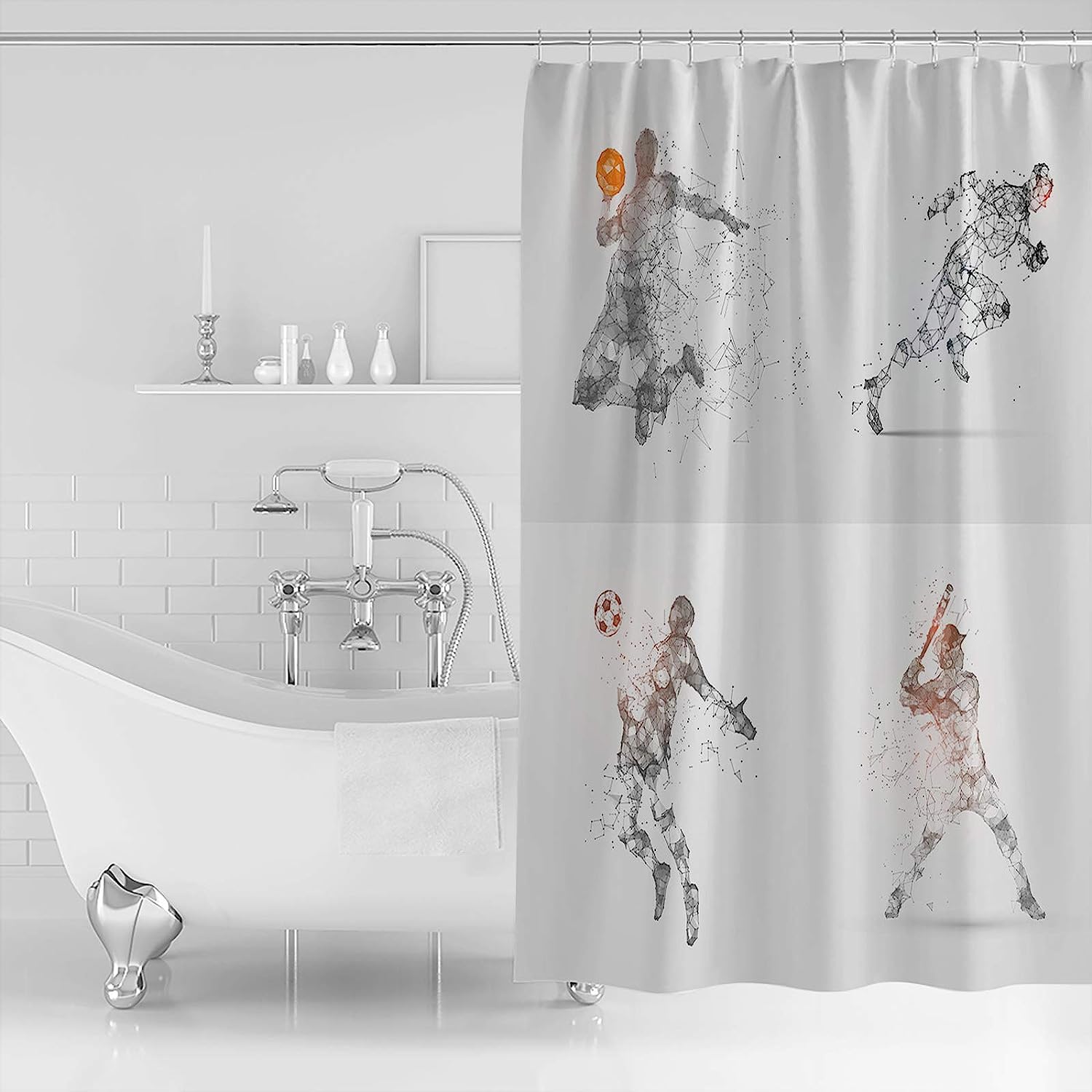 Running Football Baseball Sport Line Painting Shower Curtain for Sports Bathroom Decor
