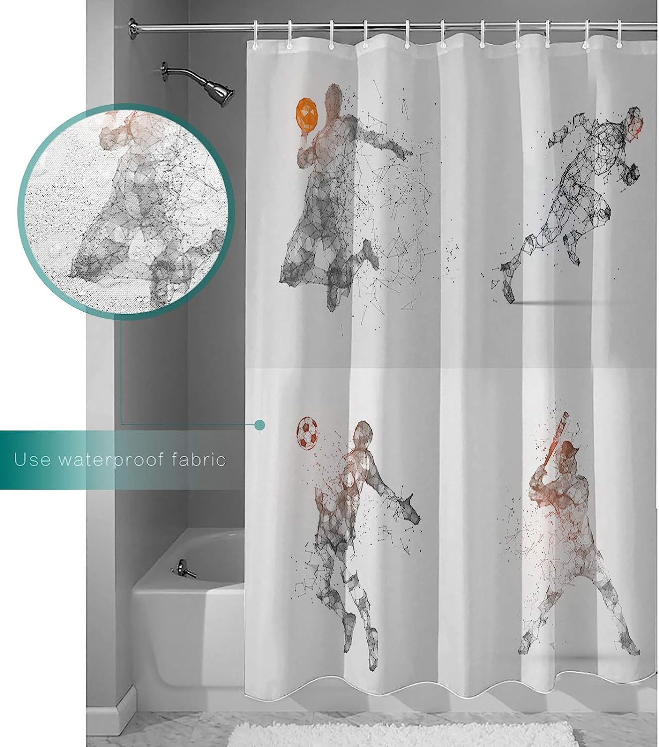 Running Football Baseball Sport Line Painting Shower Curtain for Sports Bathroom Decor