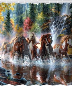 Running Horse Shower Curtain - Forest And Plant Design - Wildlife Theme 