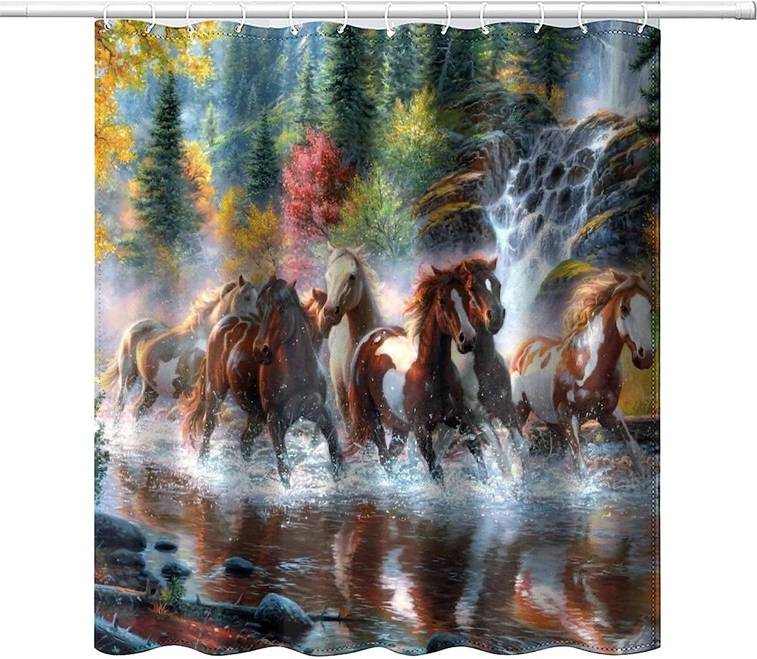 Running Horse Shower Curtain - Forest And Plant Design - Wildlife Theme