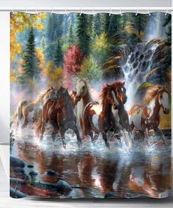 Running Horse Shower Curtain - Forest And Plant Design - Wildlife Theme