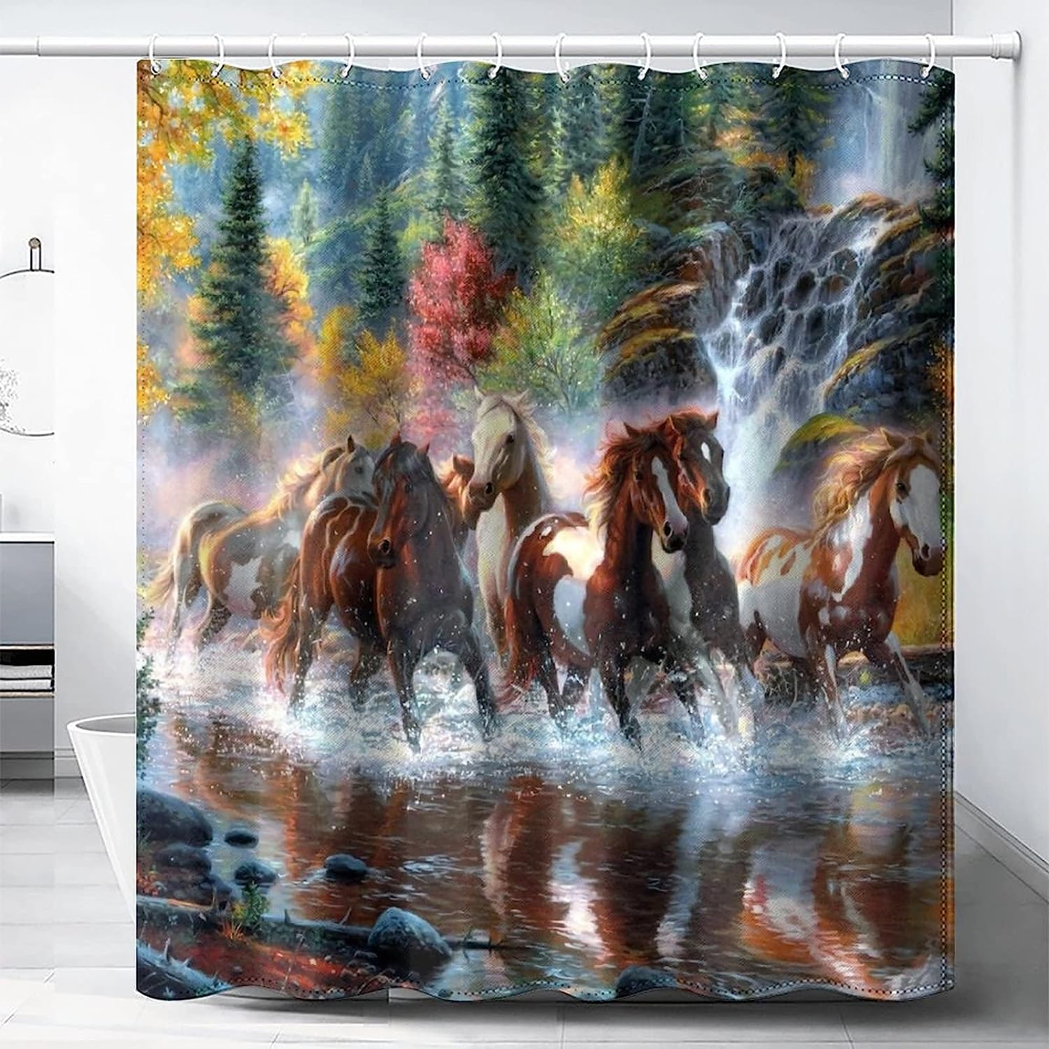 Running Horse Shower Curtain - Forest And Plant Design - Wildlife Theme