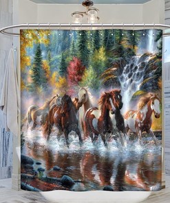 Running Horse Shower Curtain - Forest And Plant Design - Wildlife Theme