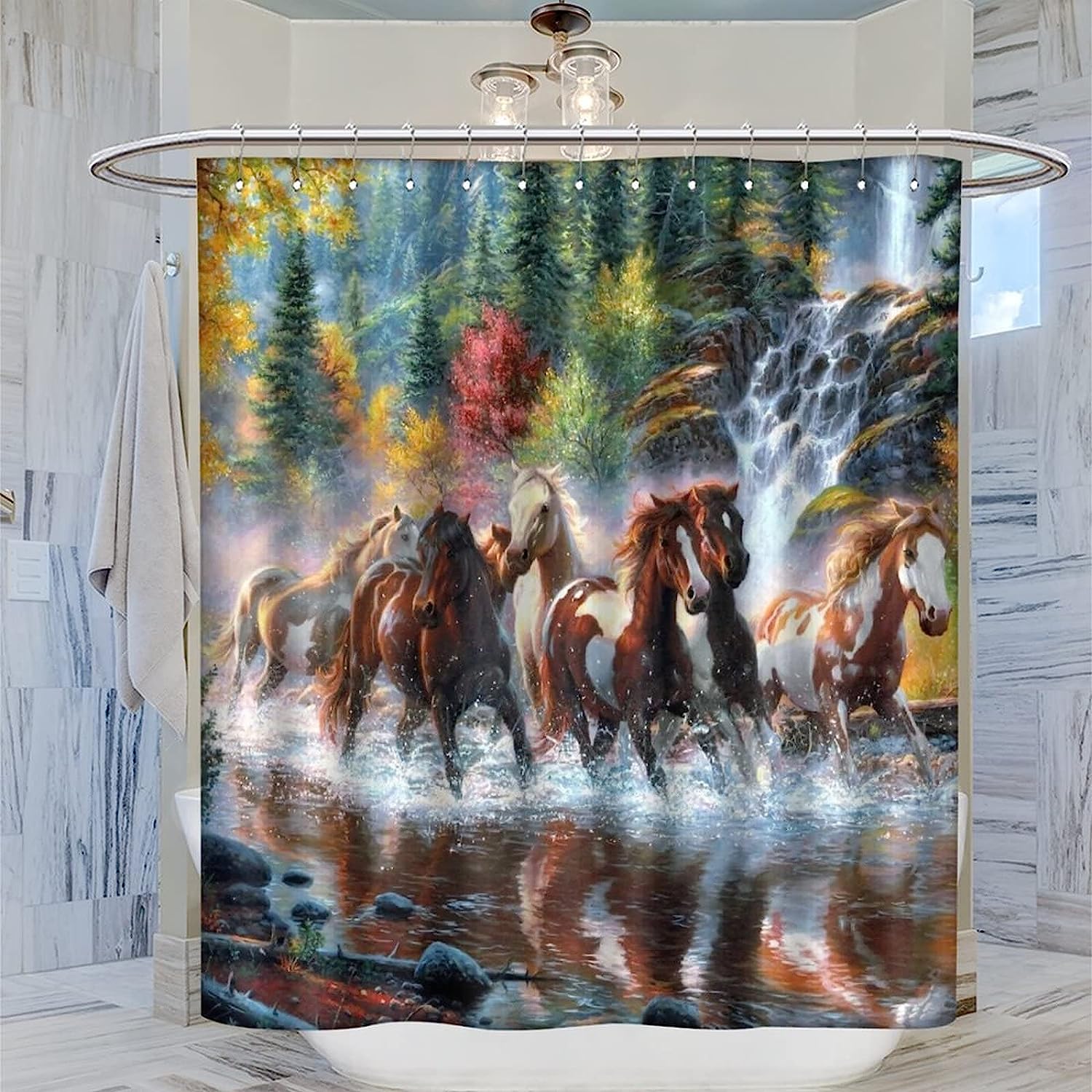 Running Horse Shower Curtain - Forest And Plant Design - Wildlife Theme