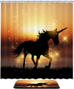 Running Unicorn Silhouette Shower Curtain with Sunset Landscape Print