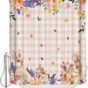 Rural Pink Buffalo Plaid Shower Curtain - LB Spring Floral Bunny Easter Bathtub Curtainses