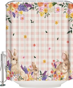 Rural Pink Buffalo Plaid Shower Curtain - LB Spring Floral Bunny Easter Bathtub Curtainses
