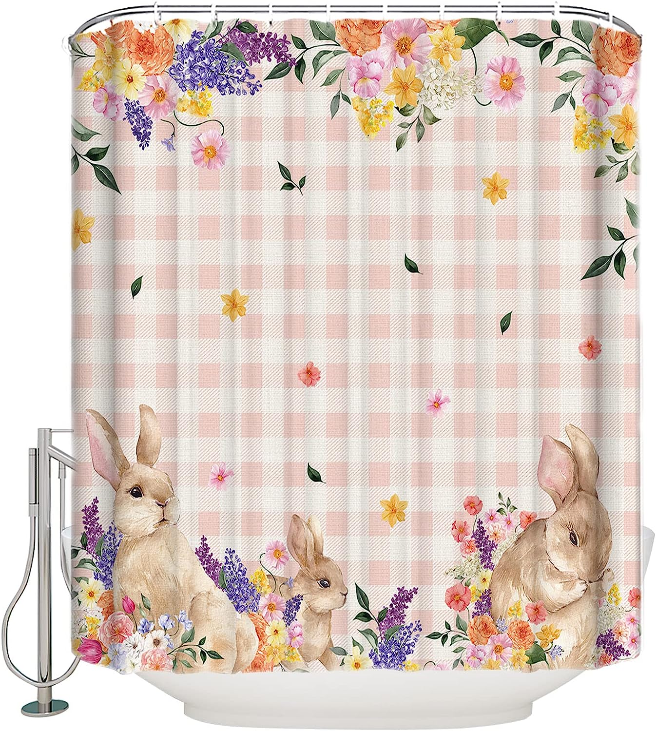 Rural Pink Buffalo Plaid Shower Curtain - LB Spring Floral Bunny Easter Bathtub Curtainses
