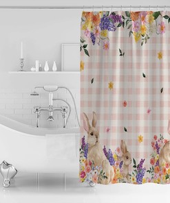 Rural Pink Buffalo Plaid Shower Curtain - LB Spring Floral Bunny Easter Bathtub Curtainses