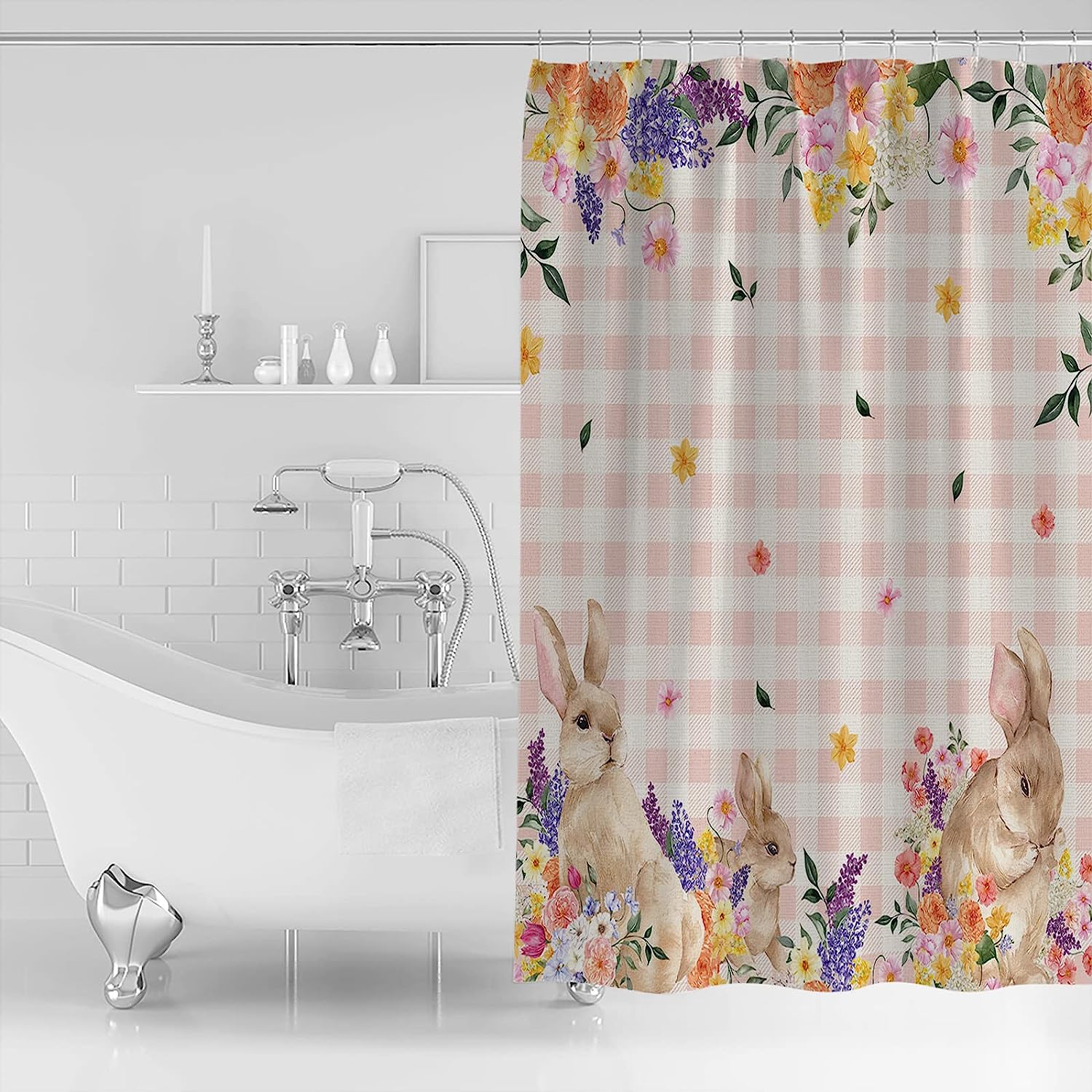 Rural Pink Buffalo Plaid Shower Curtain - LB Spring Floral Bunny Easter Bathtub Curtainses