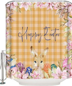 Rural Spring Summer Flowers Plaid Shower Curtain - LB Happy Easter Bunny Fabric Bathroom Accessories