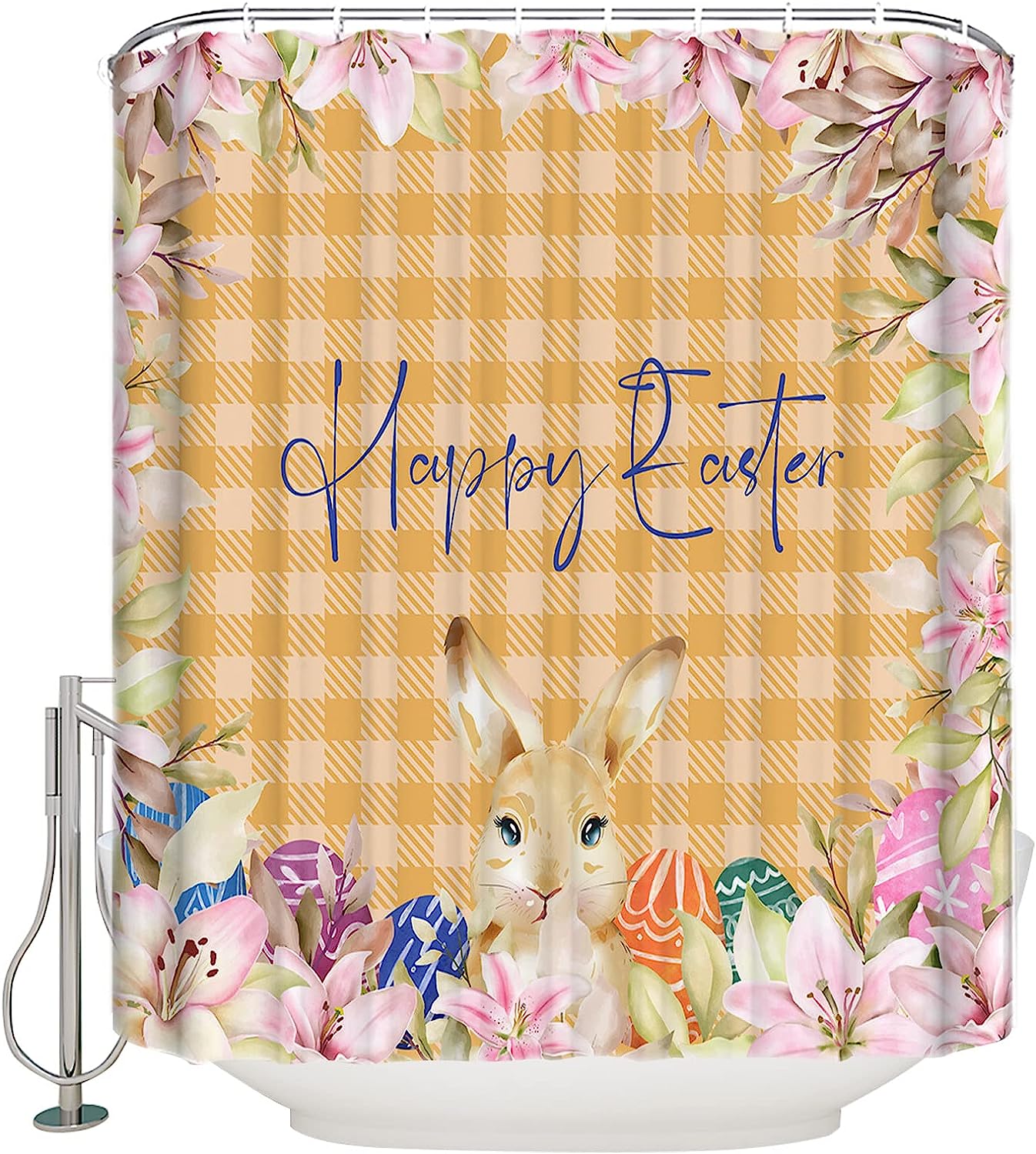 Rural Spring Summer Flowers Plaid Shower Curtain - LB Happy Easter Bunny Fabric Bathroom Accessories