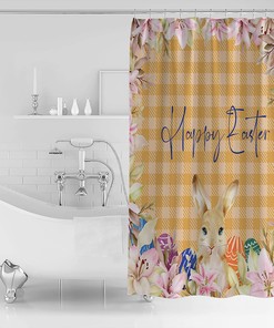 Rural Spring Summer Flowers Plaid Shower Curtain - LB Happy Easter Bunny Fabric Bathroom Accessories