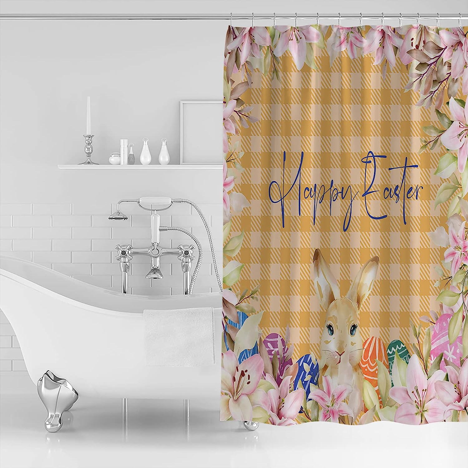 Rural Spring Summer Flowers Plaid Shower Curtain - LB Happy Easter Bunny Fabric Bathroom Accessories