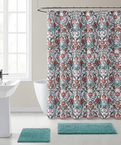 Rust Orange Red Aqua Damask Floral Decorative Shower Curtain For Bathroom