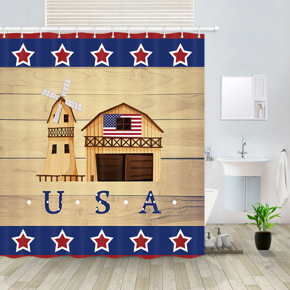 Rustic American Farm And Stars Print Bathroom Shower Curtain Fabric Decor