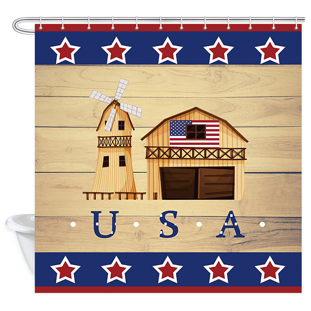 Rustic American Farm And Stars Print Bathroom Shower Curtain Fabric Decor - Image 2
