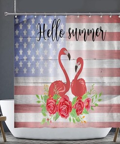 Rustic American Flag Fourth Of July Flamingo Rose Bathtub Shower Curtain Easy Care Durable Fabric Bathroom Decor