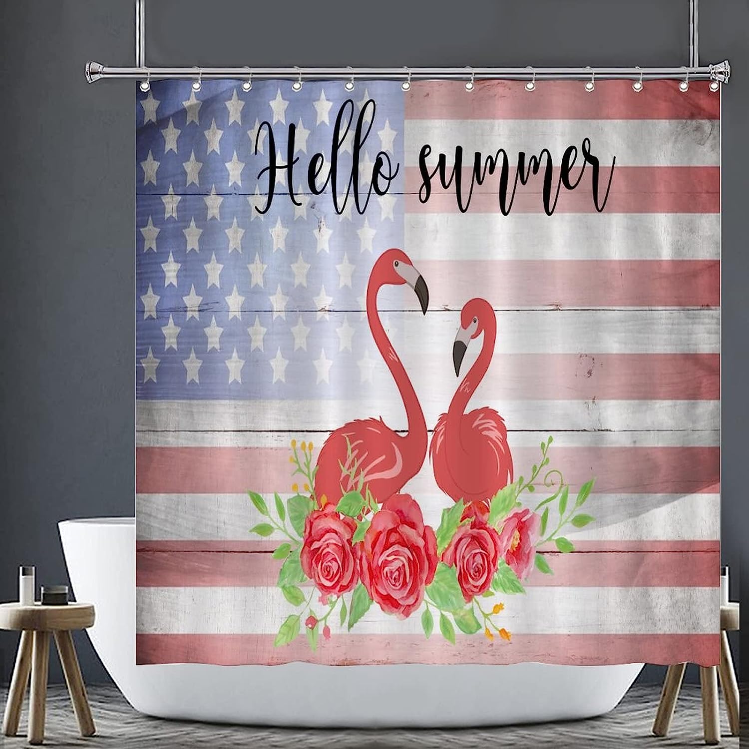 Rustic American Flag Fourth Of July Flamingo Rose Bathtub Shower Curtain Easy Care Durable Fabric Bathroom Decor
