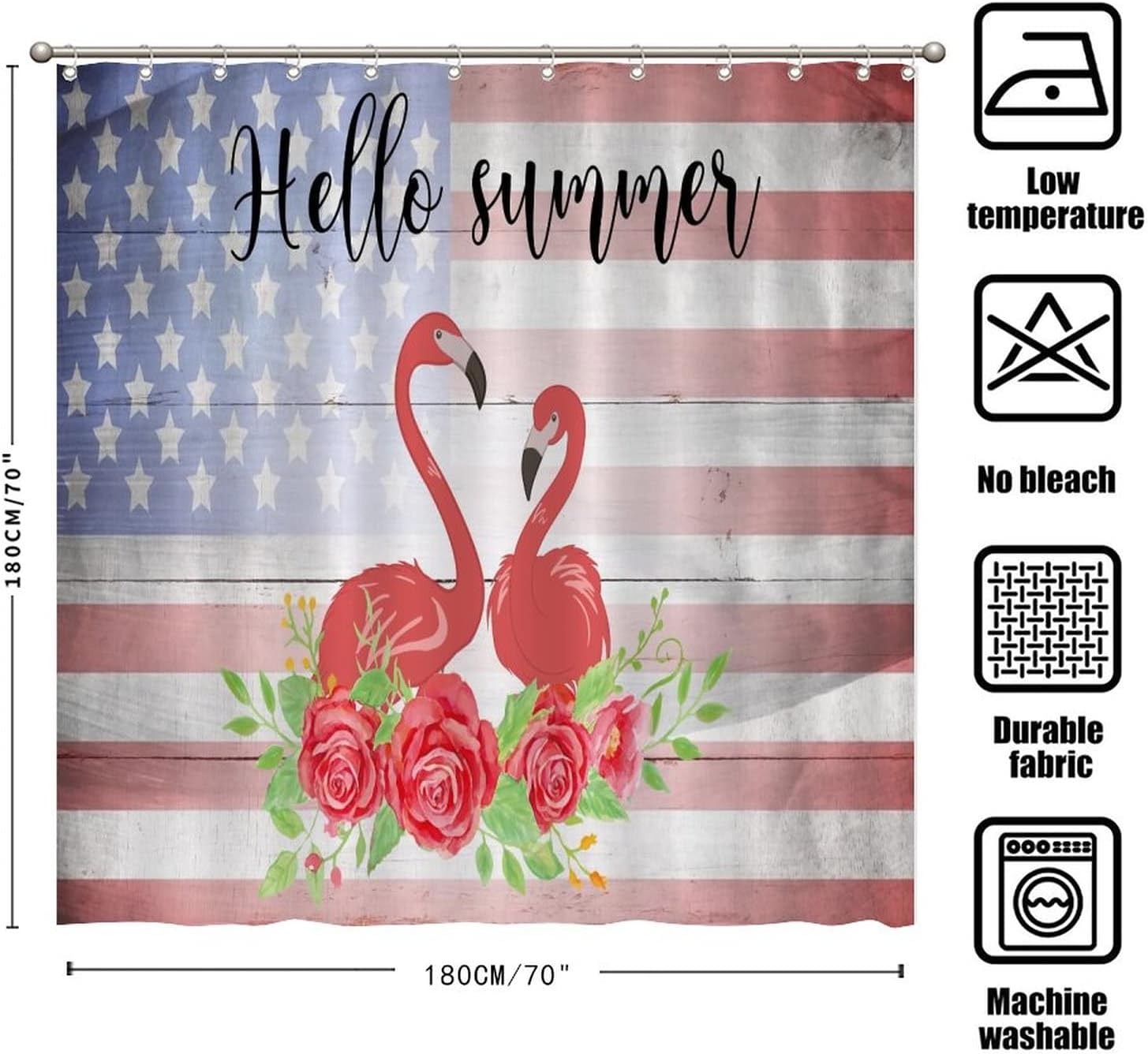 Rustic American Flag Fourth Of July Flamingo Rose Bathtub Shower Curtain Easy Care Durable Fabric Bathroom Decor - Image 2