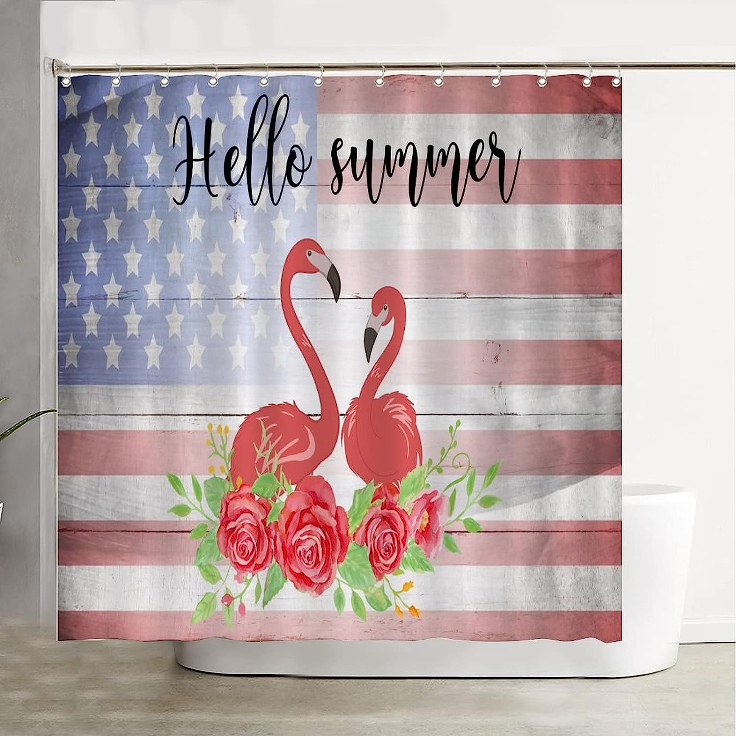 Rustic American Flag Fourth Of July Flamingo Rose Bathtub Shower Curtain Easy Care Durable Fabric Bathroom Decor - Image 3