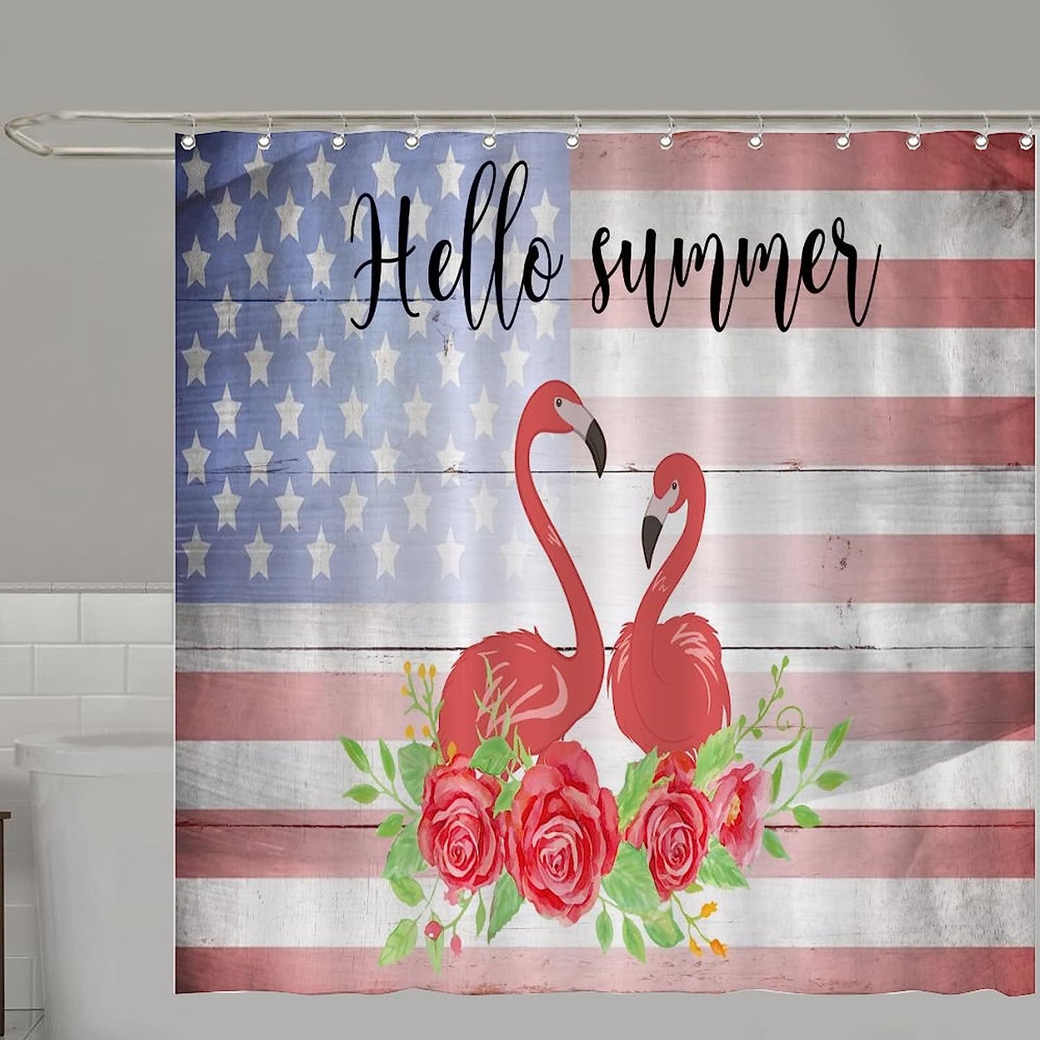 Rustic American Flag Fourth Of July Flamingo Rose Bathtub Shower Curtain Easy Care Durable Fabric Bathroom Decor - Image 4